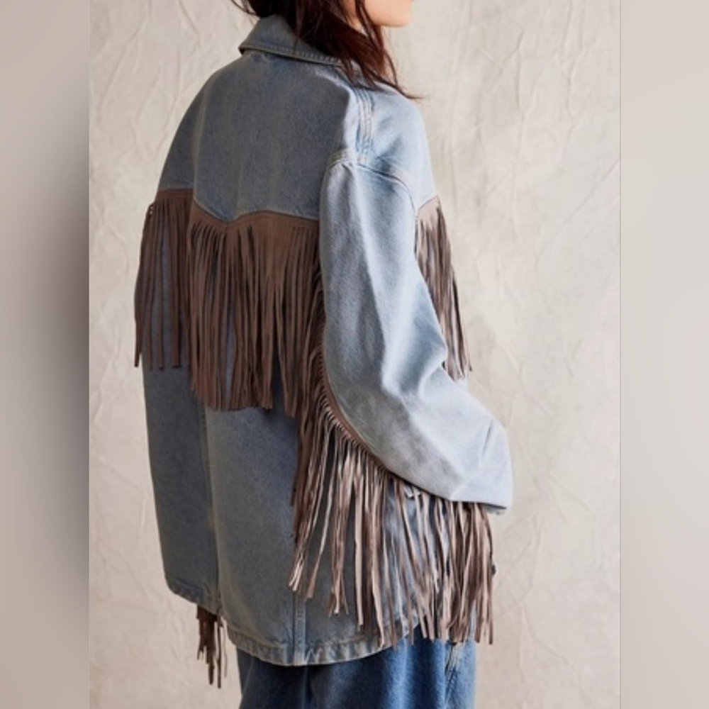 NEW We The Free People Fringe Out Tassle Denim Jean Jacket Shacket, Large